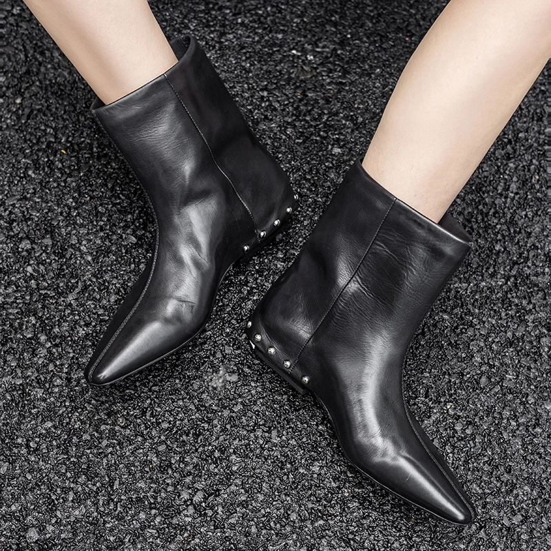 Handmade Genuine Leather Square Heel Booties Sexy Rivet Ankle boots,Fashion winter woman boots,knight boots,Fashion Cowboy boots