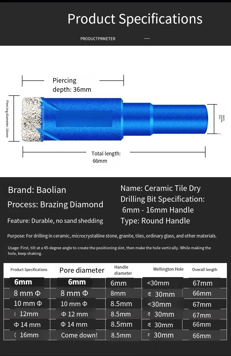 1pc Diamond Brazed Dry Drilling Bit Porcelain Cup Saw Ceramic Marble Granite Tile Hole Opener Hole Saw Cutter 6-16mm Round Shank