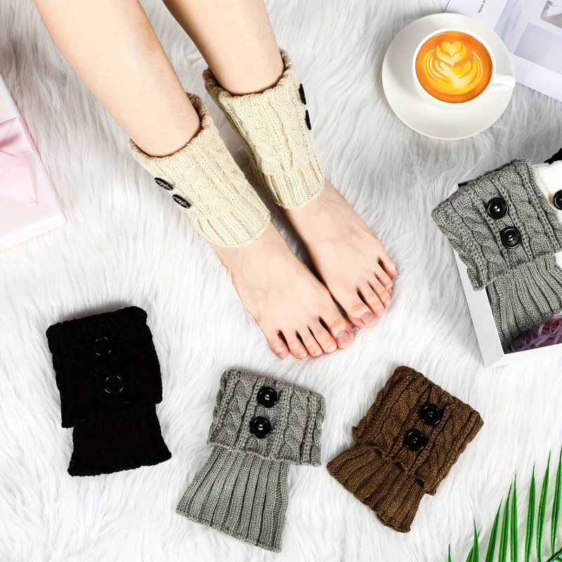 Button Fried Dough Twists Knitted Wool Socks Warm in Autumn and Winter Short Leg Guards Women's Warm Foot Cover