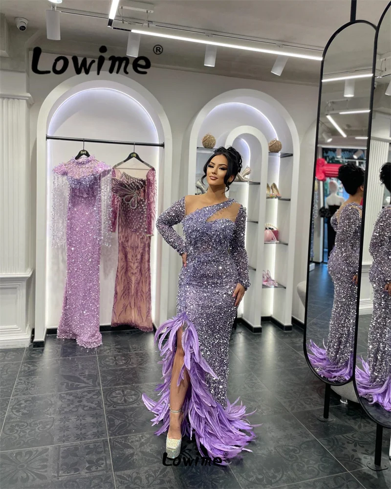 Feather Purple Prom Dresses Mermaid Arabic Party Second Reception Crystals Engagement Gowns For Wedding Women Evening Dress Robe