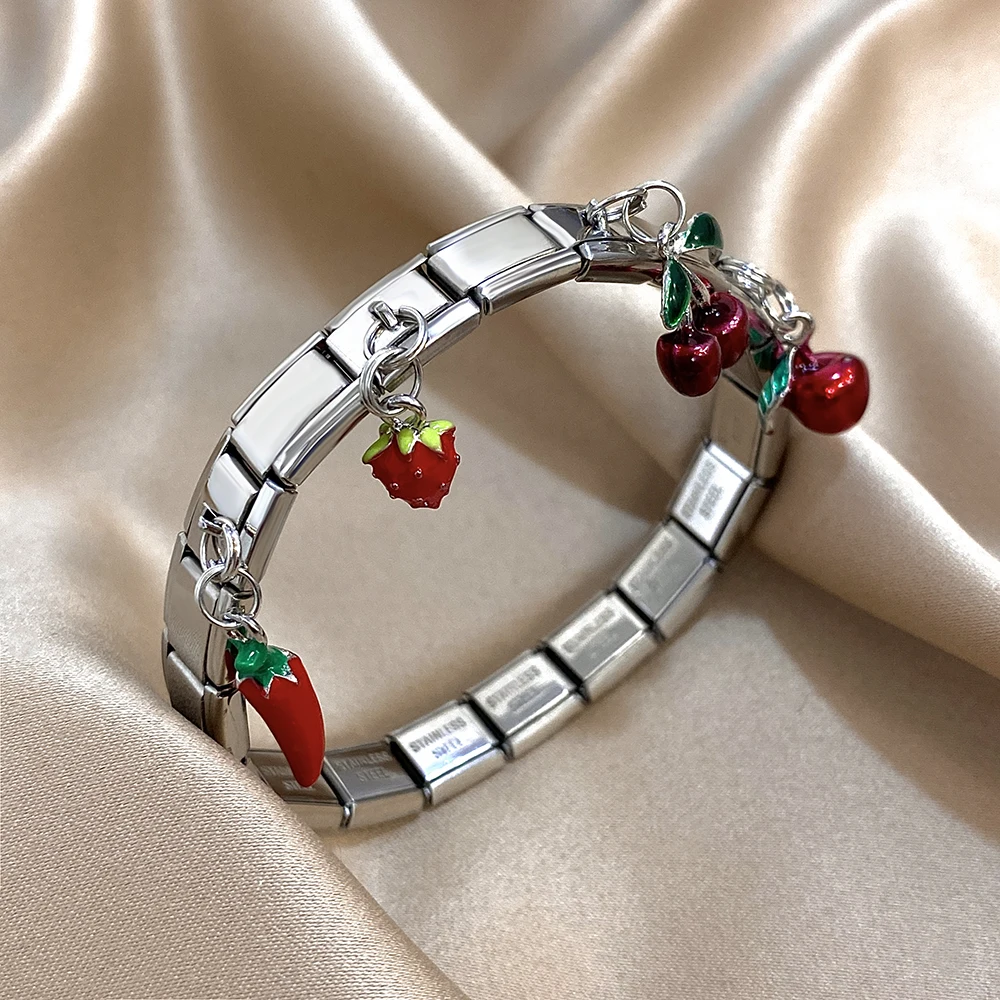 Greatera Fruits Series Stainless Steel Bangle For Women Chili Apple Cherry Strawberry Pendant Strap Bracelet Jewelry Gift Chic