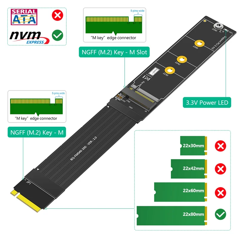 

АТ82-М. 2 удлинительных кабеля NVME SSD с M-Key (длина: 20 см), обновленная версия NGFF, 180 градусов