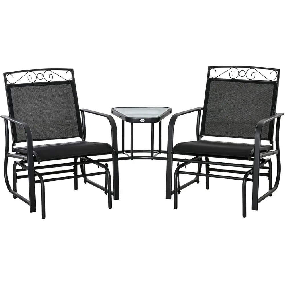 Outdoor Glider Chairs with Coee Table, Patio 2-Seat Rocking Chair Swing with Breathable Sling or Backyard, Garden and Porch, Bla