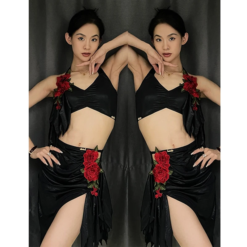 Nouveau Costume de danse latine femmes Rose hauts jupe fendue Rumba Cha Cha Tango danse Performance pratique vêtements pratique Costume BL16846