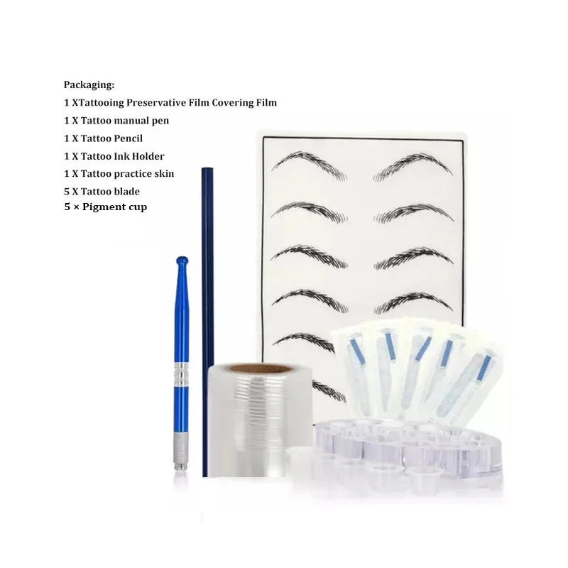 Microblading Manual Tattoo Pen Kit with Blades and Tattoo Practice Skin for Eyebrow Tattoo Permanent Makeup Practice Set