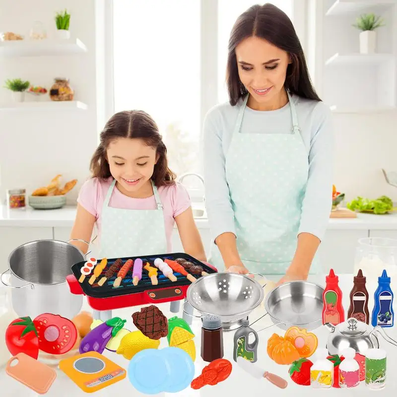Kids Pretend Play Kitchen Toys Simulation Food Barbecue Cooking Toys Children Educational Play House Interactive Toys 52PCS
