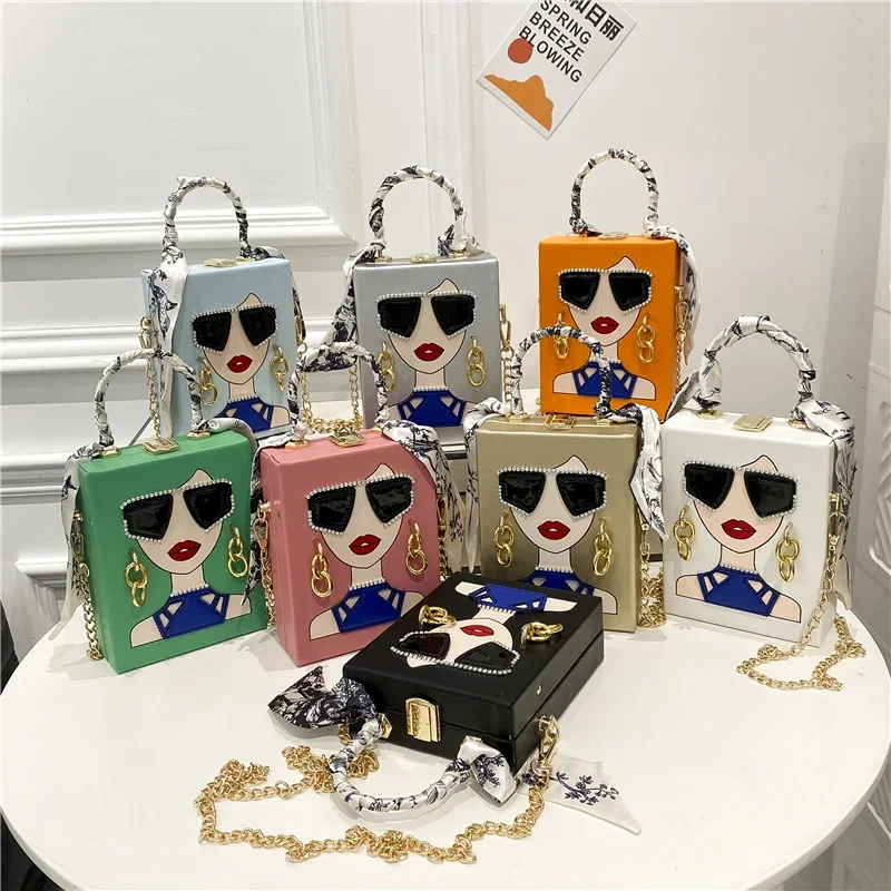 2024 New Handheld Box Dinner Bag for Women Graffiti Sunglasses Shoulder Bag Vintage Chain Crossbody Bag Cute Purses and Handbags