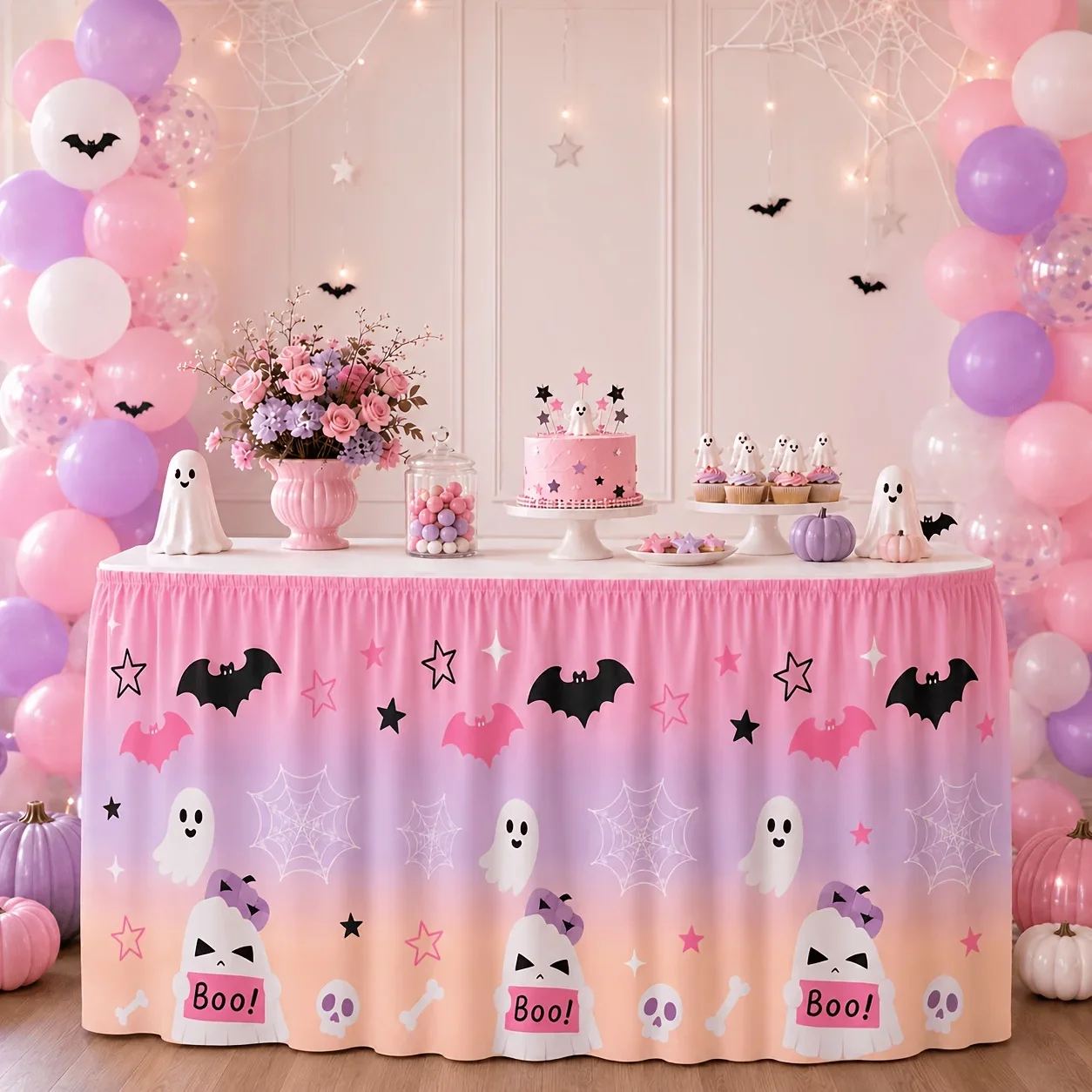 Halloween vintage horror table skirt, retro pink cat print, eerie witch-themed party supplies,cute Halloween home decorationsxzj