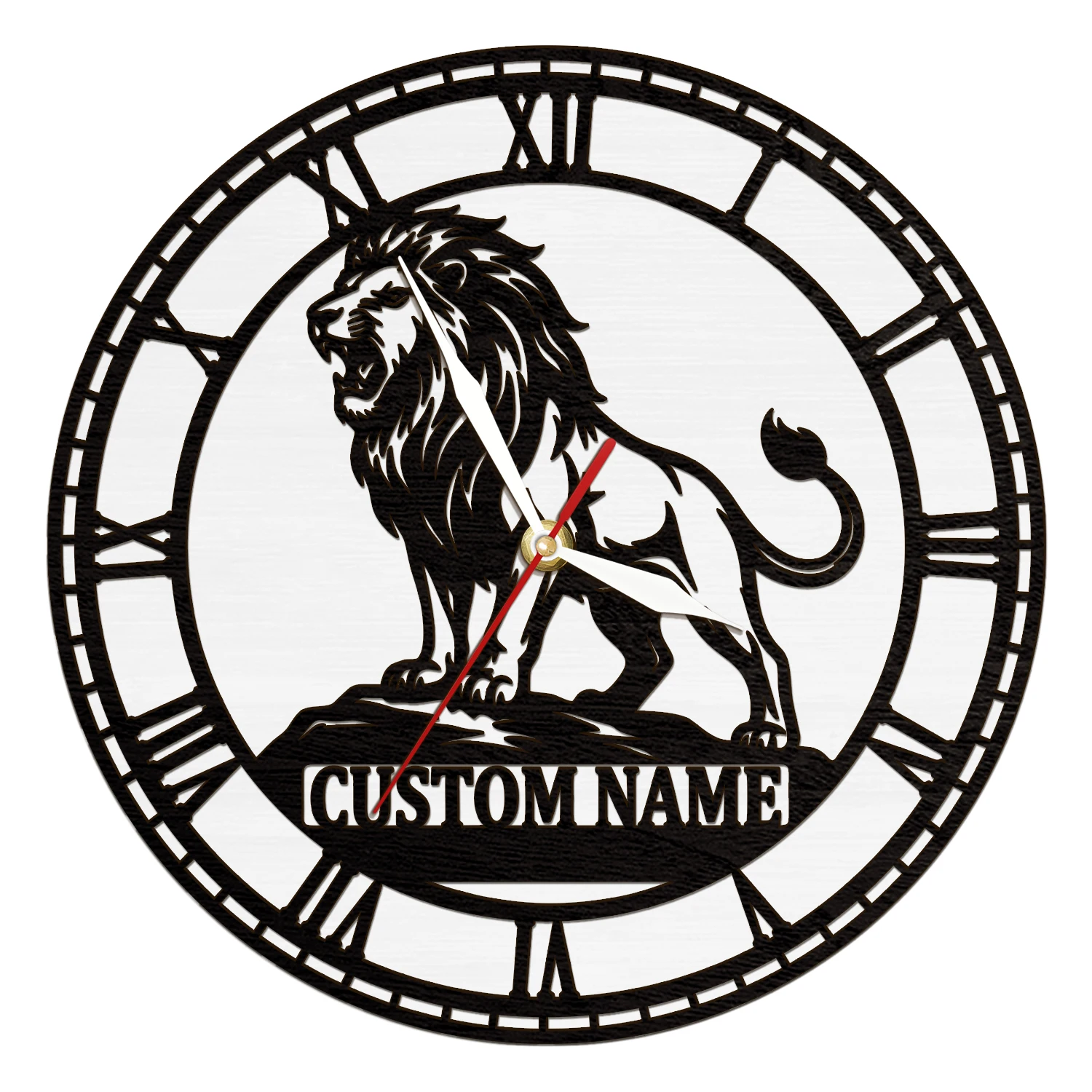 Custom Name Lion LED Lighting Wall Clock For Man Cave Bedroom Wildlife Home Decor Roaring Lion On Rock Personalized Wood Clock