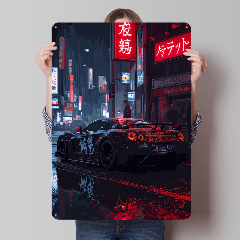 Cyberpunk in der Regenigen Stadtszene Auto Blechschild Poster Individualisierte Wandkunst Retro Vintage Metallschilder zur Raumdekoration Gaming Zuhause