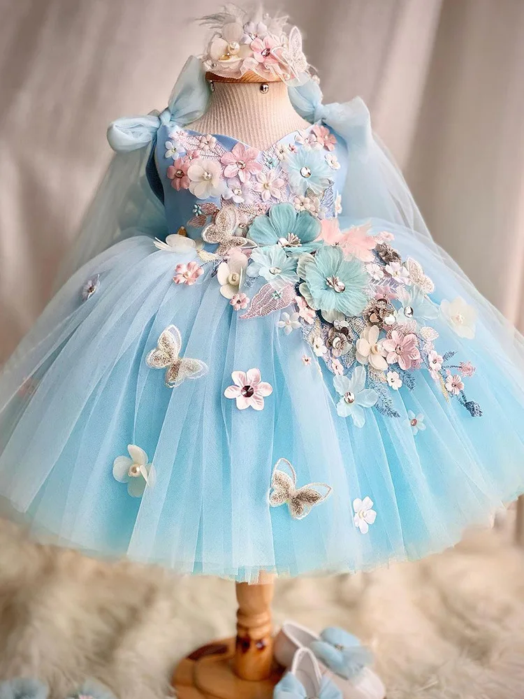 Fantasy Butterfly Gown for Baby Girls, Butterfly Legged Back Gown for Birthday Party, Vestidos de casamento para crianças, Meninas infantis