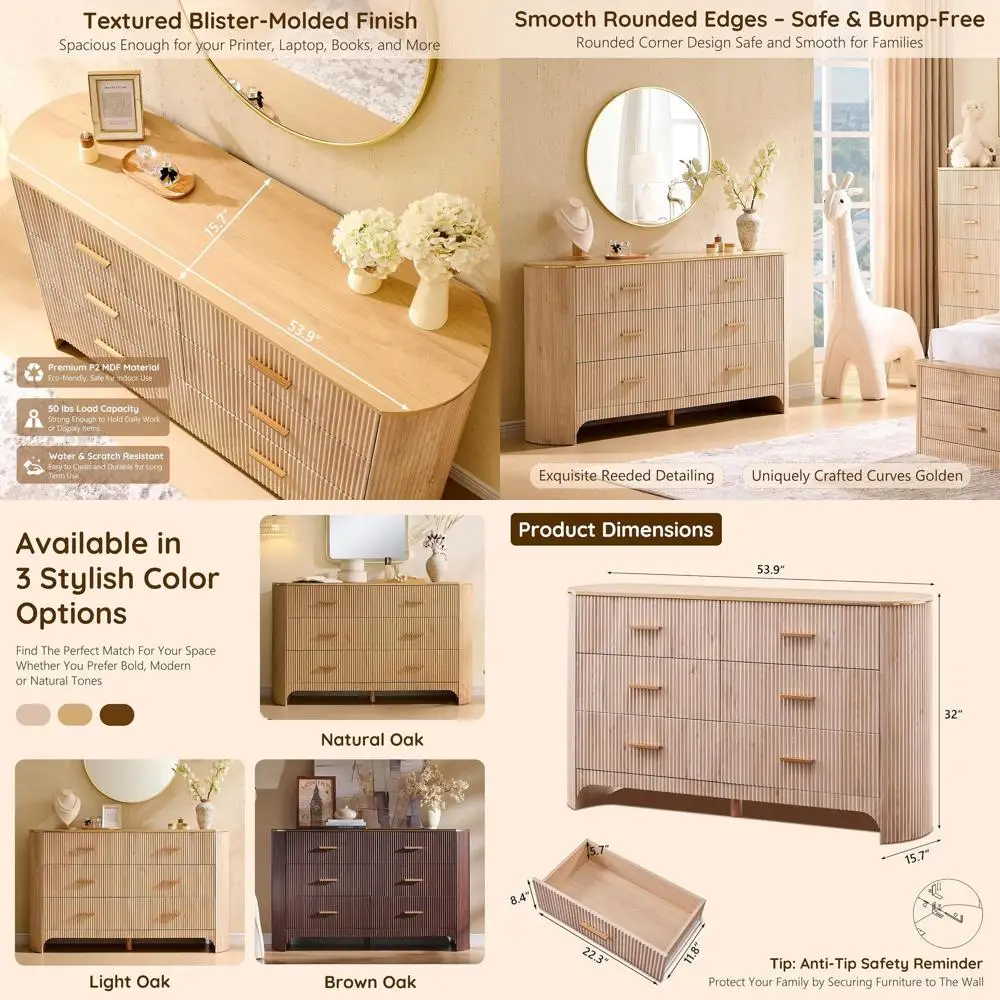 

Комод с 6 ящиками и изогнутым профилем, ширина 53,9 дюйма, текстура с рифленой поверхностью, плавно скользящие ящики, золотистые ручки, отделка светлый дуб.