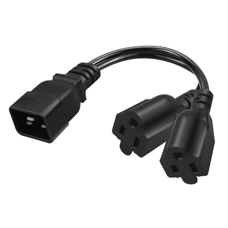 E56B Compact 2x Output Power Cord, IEC 320 C20 To Twin NEMA 5 15R, 1ft High Capacity Electrical Splitter Adapter
