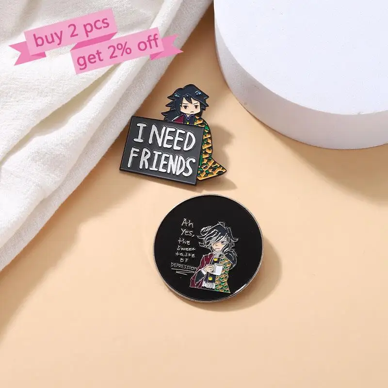 Tomioka Giyuu Depression Enamel Pins Custom Anime Brooches Need Friends Lapel Badges Cartoon Jewelry Gift for Fans Friends