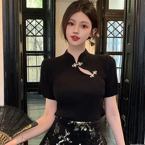 Roupa de verão estilo chinês slim fit top de manga curta com saia de rosto de cavalo conjunto de duas peças