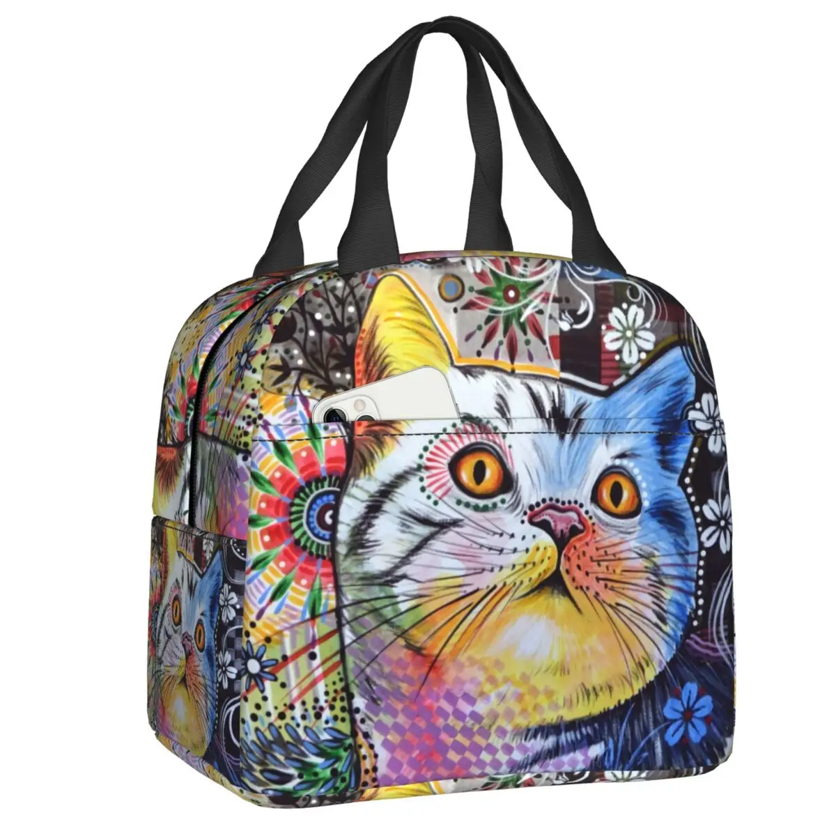 

Cute Cat Abstract Painting Insulated Lunch Bag Portable Cooler Thermal Lunch Box For Women School Picnic Food Container Bags