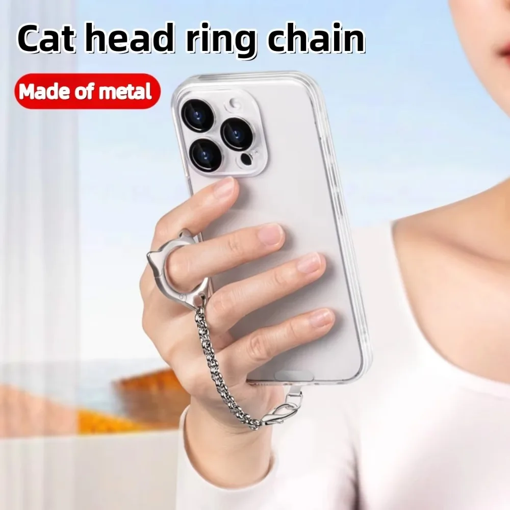 Cute Cat Head Metal Phone Case with Lanyard And Detachable Ring Buckle Multi-Functional Chain Cell Phone Strap Accessory