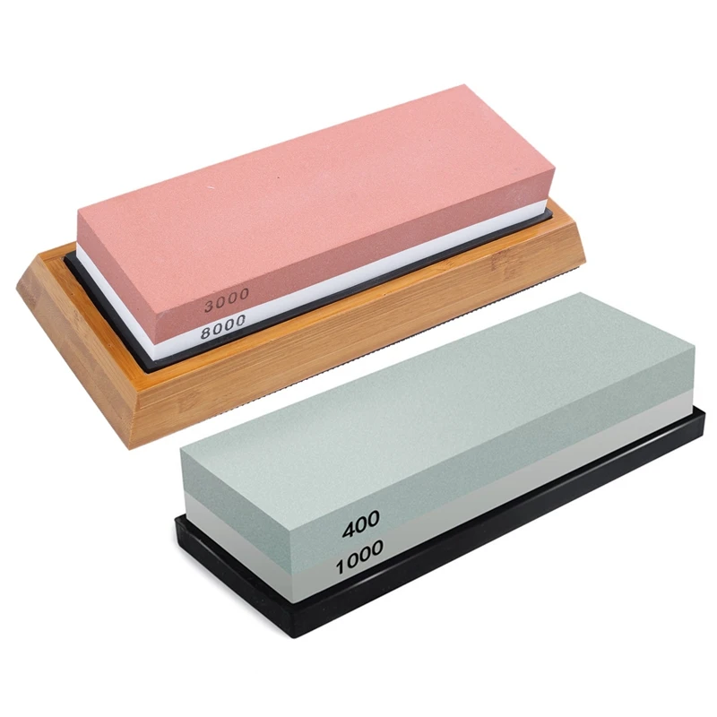 

ABGH-2 Set Sided Whetstone Set:1 Set 3000 And 8000 Grit For Knives With Non-Slip Bamboo Base And Free Angle Guide & 1 Set 400/10