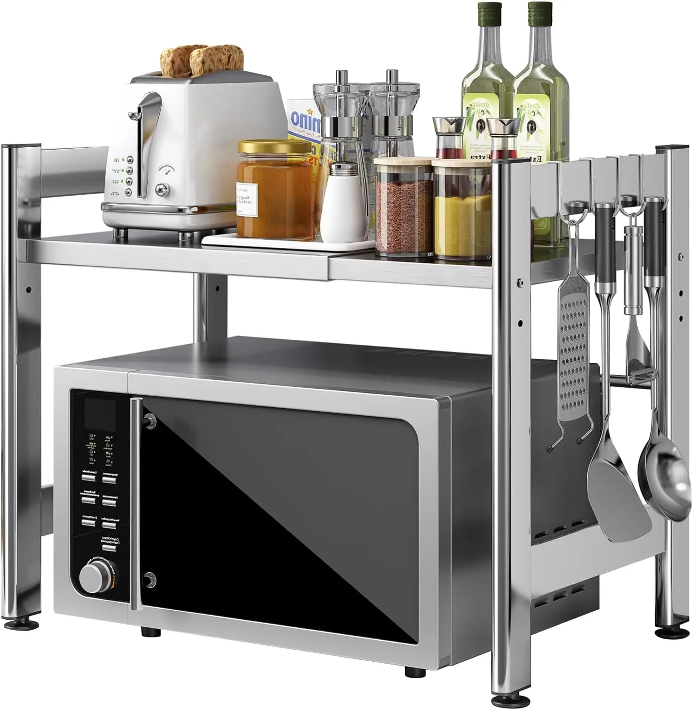 

Adjustable Stainless Steel 2-Tier Microwave Rack with 4 Hooks, Extendable Kitchen Counter Shelf for Utensil Storage (S)
