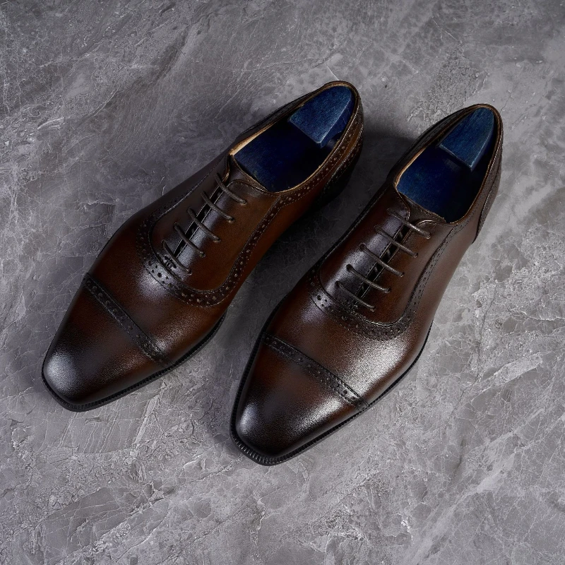 

New Men Business Dress Leather Shoes Genuine Leather Three Joint Carved Square Toe Blok Handmade Cowhide Shoes
