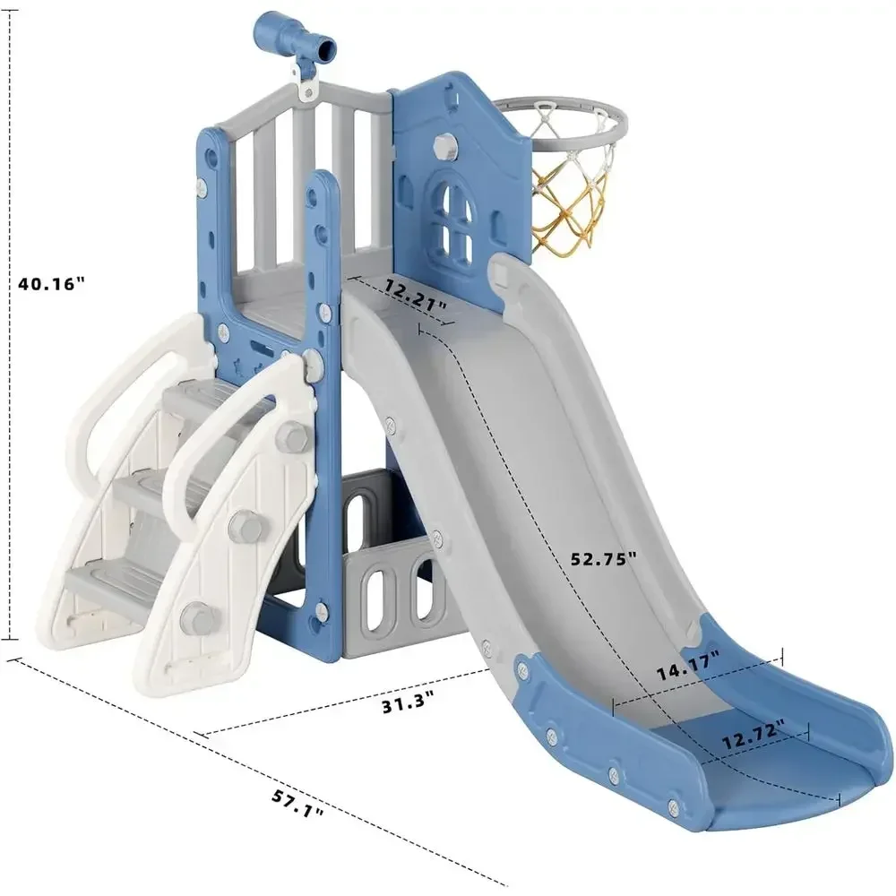 L-Shaped 5-in-1 Toddler Slide Playset with Basketball, Storage for Ages 1-3, Indoor/Outdoor, Easy Assembly, Blue