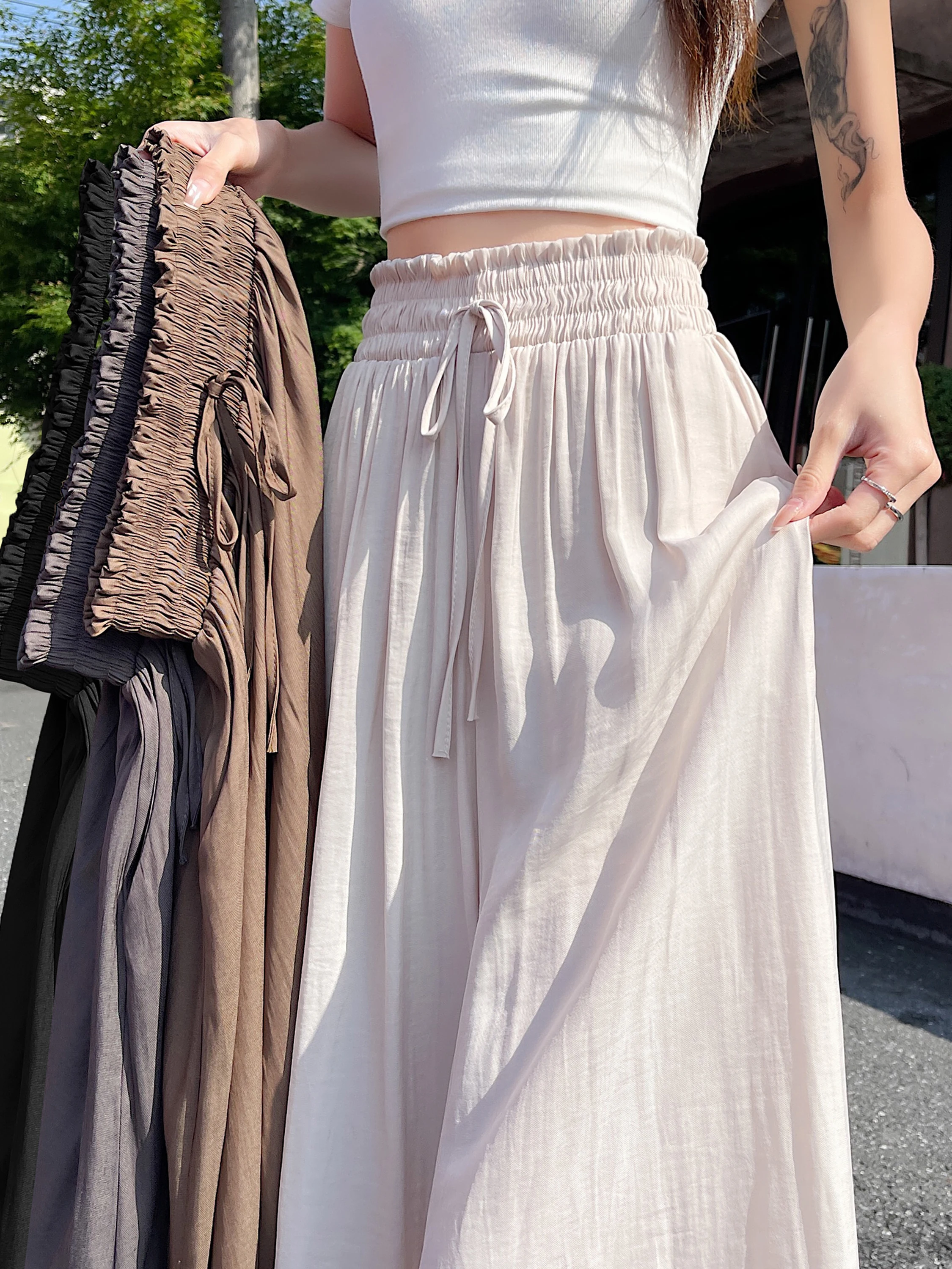 

Ice Silk Lace Hem Wide Leg Pants Women's Summer New Loose Slimming Casual Drapey Versatile Thin Wide Leg Pants Floor-Length