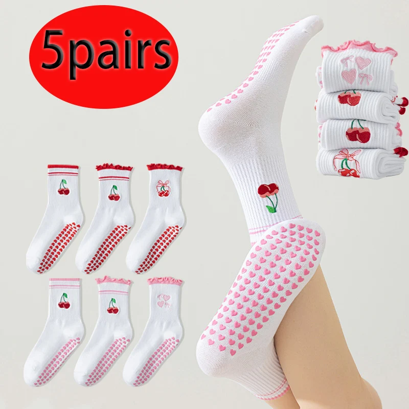 

5 pairs of white yoga socks for children's adult Pilates fitness running cartoon cherry mid tube women's socks