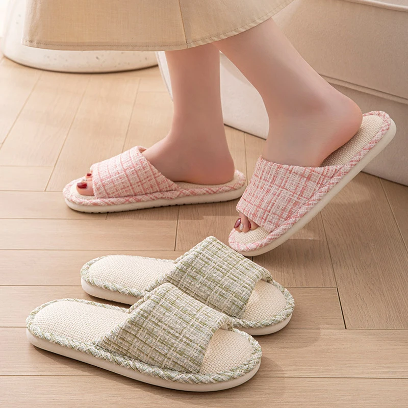 House Striped Slippers Women Autumn Home Linen Couples Indoor Non Slip Funny Sandals Cartoon Shoes Male Soft Flat Flax Summer
