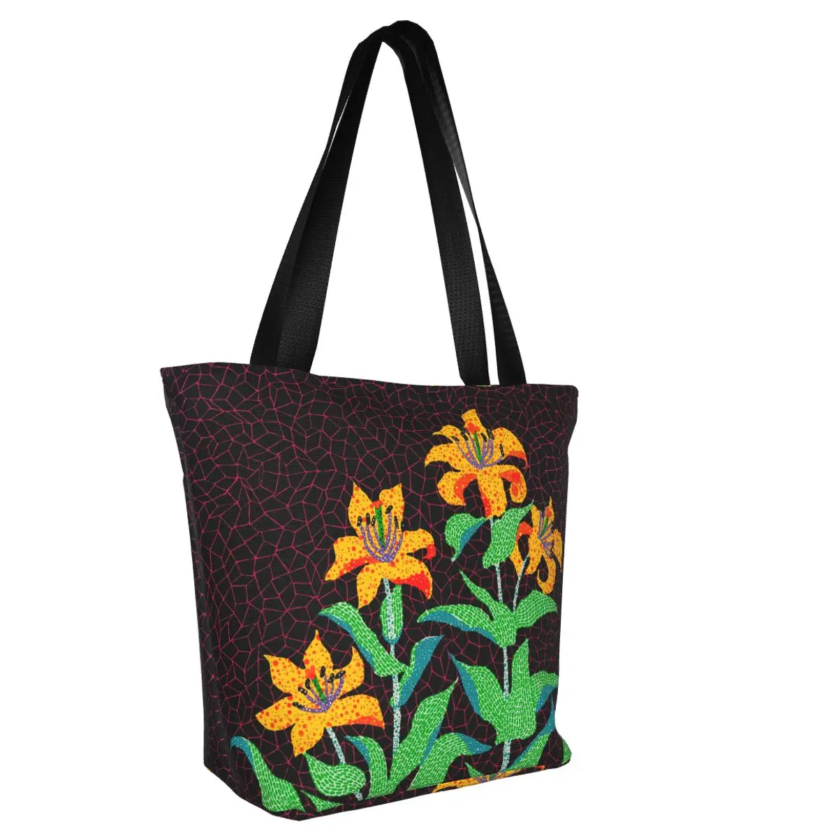 Custom Yellow Flowers Bloom Yayoi Kusama Groceries Shopping Bag Canvas Shopper Tote Shoulder Bag Large Capacity Durable Handbag