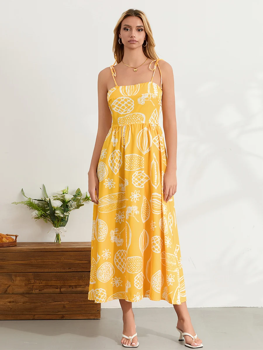 

Women’s Tie Shoulder Slip Dress Beach Bohemian Summer Sleeveless Fruit Print A-Line Dresses Female Long Flowy Dress for Party