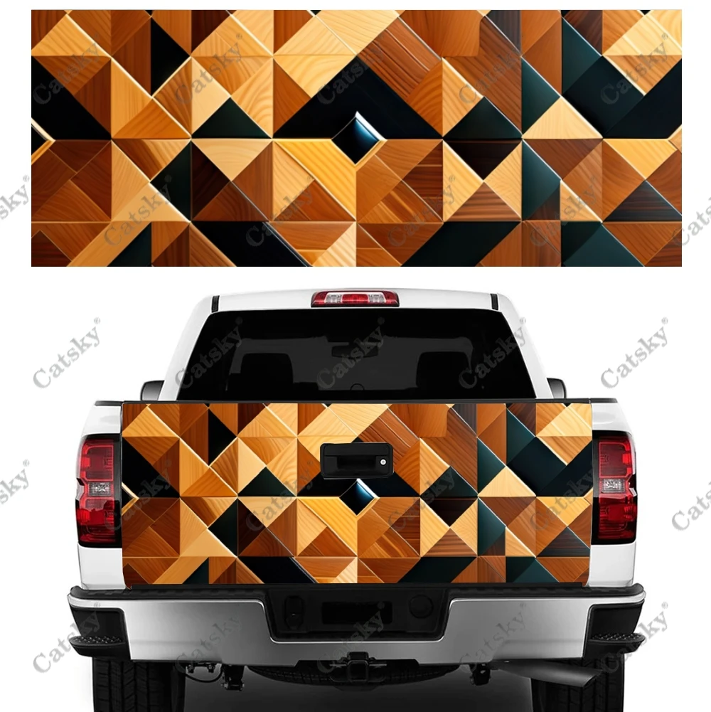 Natural Wooden Geometric Pattern Truck Tailgate Wrap Professional Grade Material Universal Fit for Full Size Trucks Weatherproof