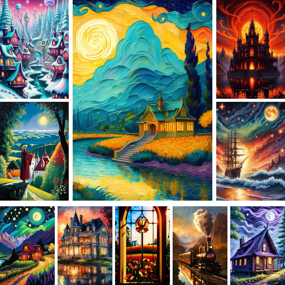 Dream House Landscape Printed Canvas Cross Stitch Embroidery Complete Kit Handmade Hobby Sewing Knitting Different Floss Design