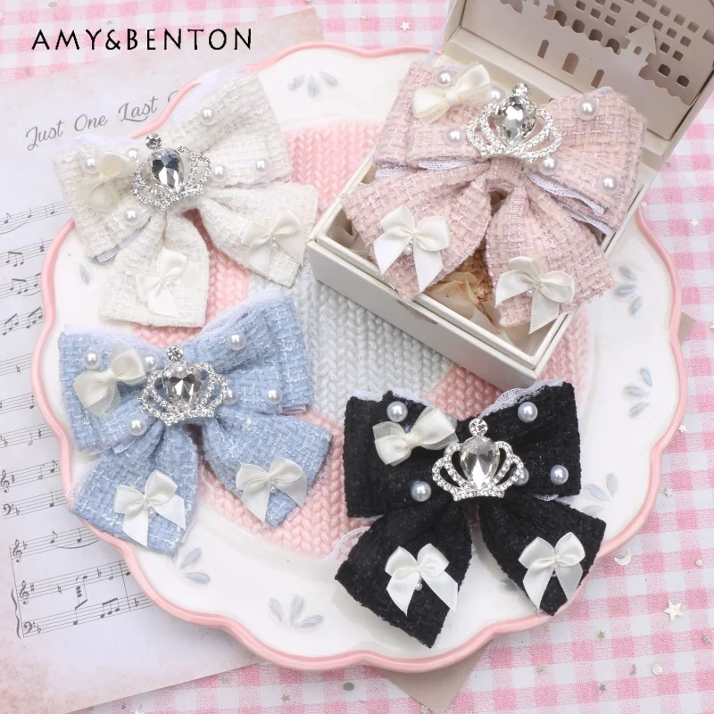 

Handmade Japanese Sweet Cute Bow Crown Rhinestone Pearl Lace Hair Clip Lolita Girl Hair Accessories Kawaii Mine Series Hair Bows