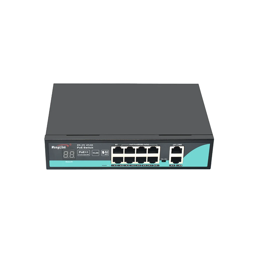 Wanglink PoE Switch 8 Port PoE 2*100M OEM AI + 6KV POE Switch with Digital Tube Display for Security CCTV Camera