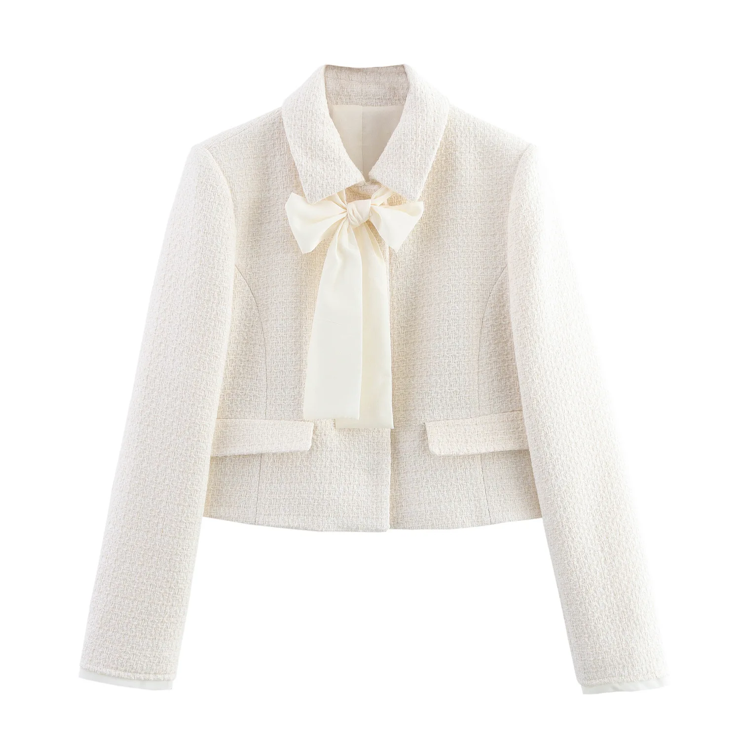 

ZBZA Women's Texture Bow Lace-up Cropped Blazer Lapel Long Sleeve Single Breasted Patch Pocket Solid Jacket Spring New Chic Coat