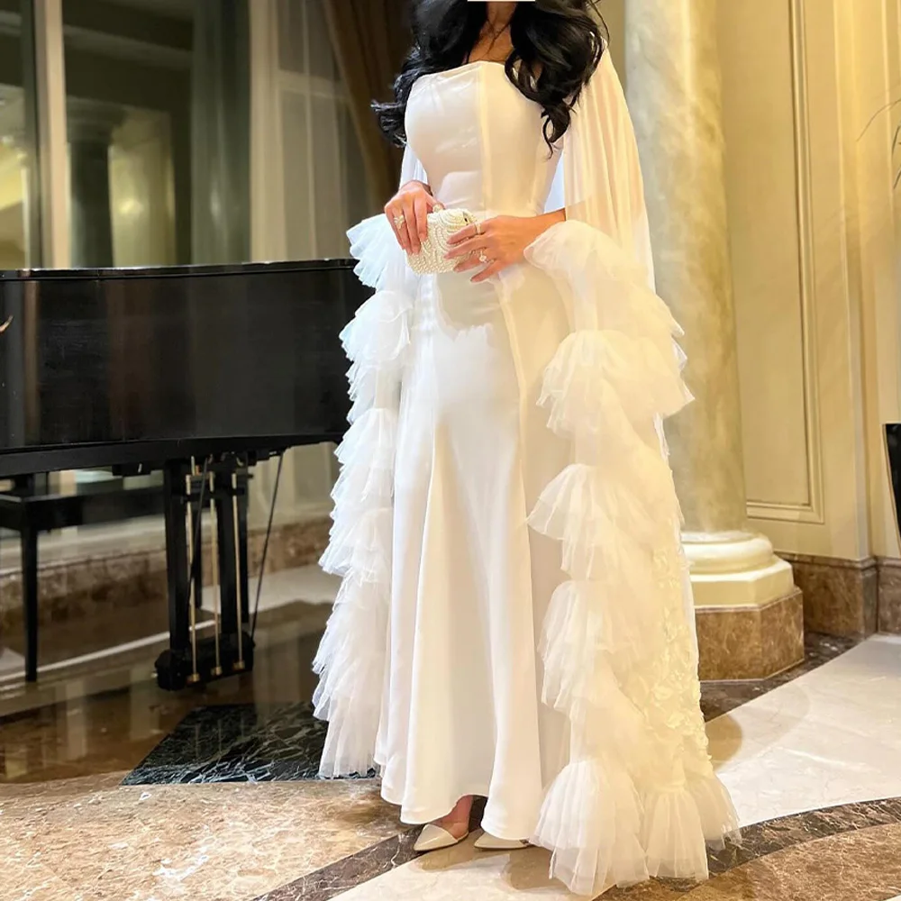 

Strapless Long Sleeves Chiffon Ruffles Tiered Straight Floor Length shawl Appliques Solid Color Evening Dress Woman Custom Size