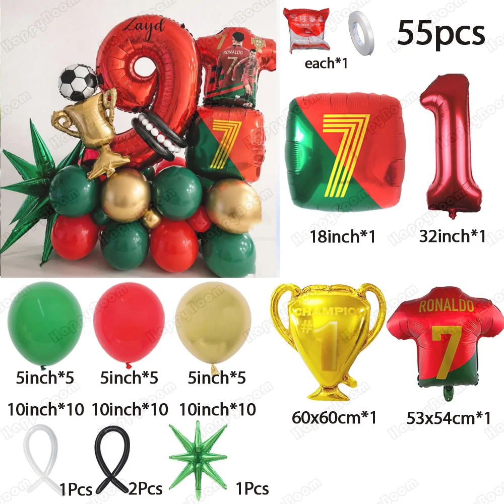 55pcs Cr7 Uniform Number Soccer Birthday Digital Foil Balloons Football Birthday Aluminum Film Balloons Set Party Decor Supplie view 2