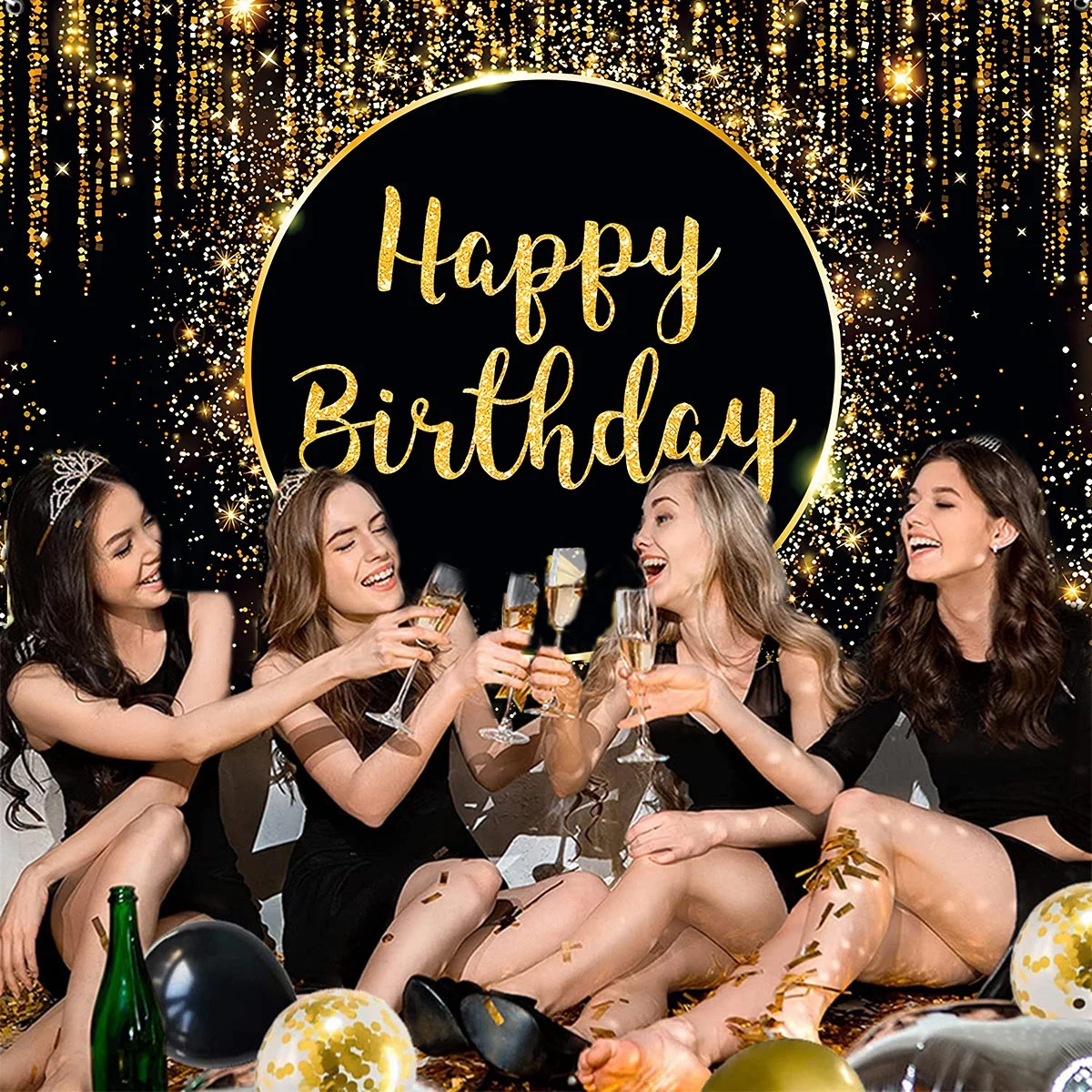 Black Gold Happy Birthday Backdrop 30 40 50 Year Old Birthday Party Decoration Adults Anniversary 30th 40th Birthday Background