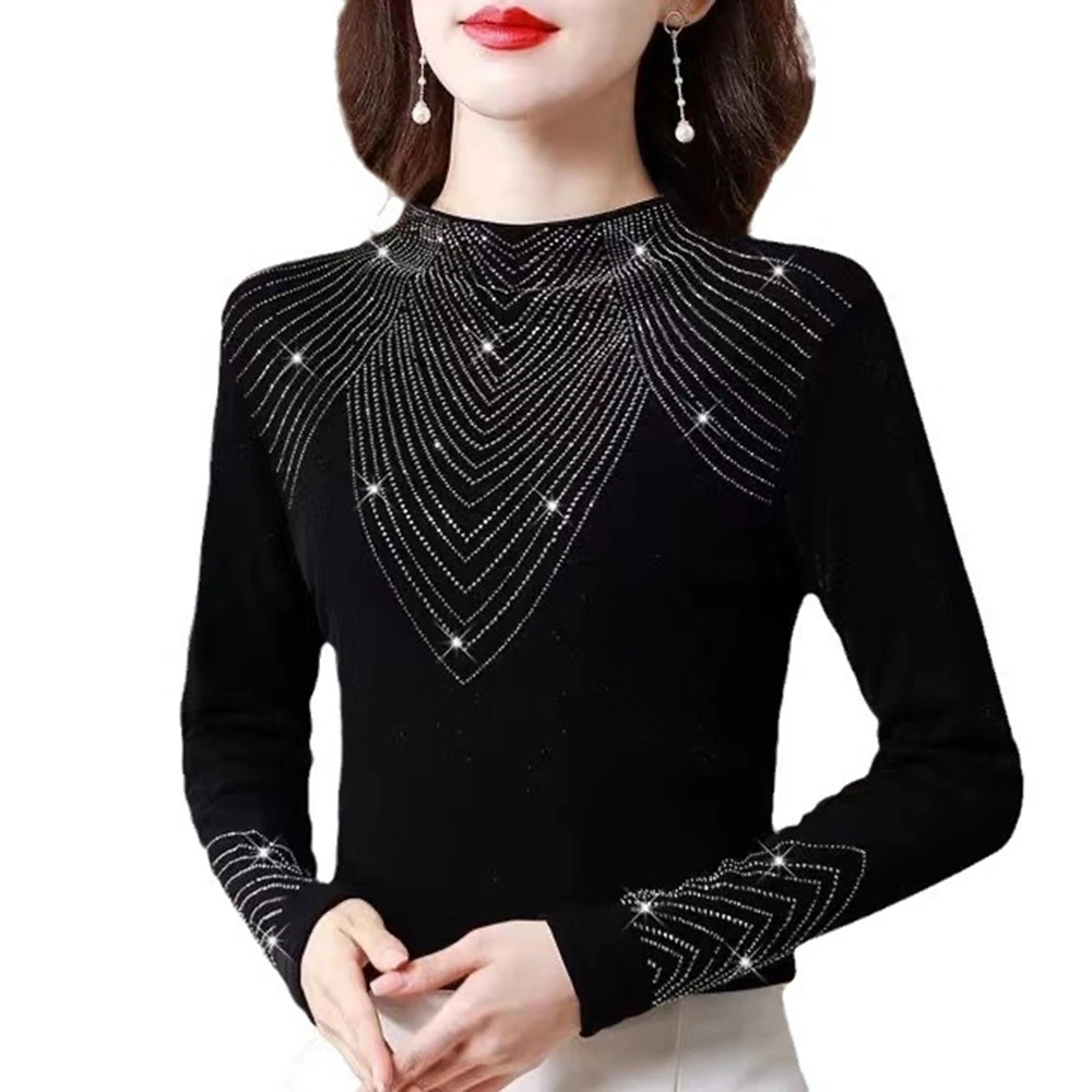 Long Sleeved Half High Neck Top for Women Solid Color with Hot Pressed Diamond Embellishment Suitable for Various Occasions