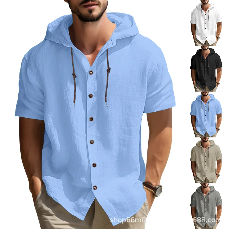 

Tops Men Hooded Single Breasted Tees Solid T Shirts Short Sleeve Casual Cardigan Spliced Buttons Loose Summer Pockets
