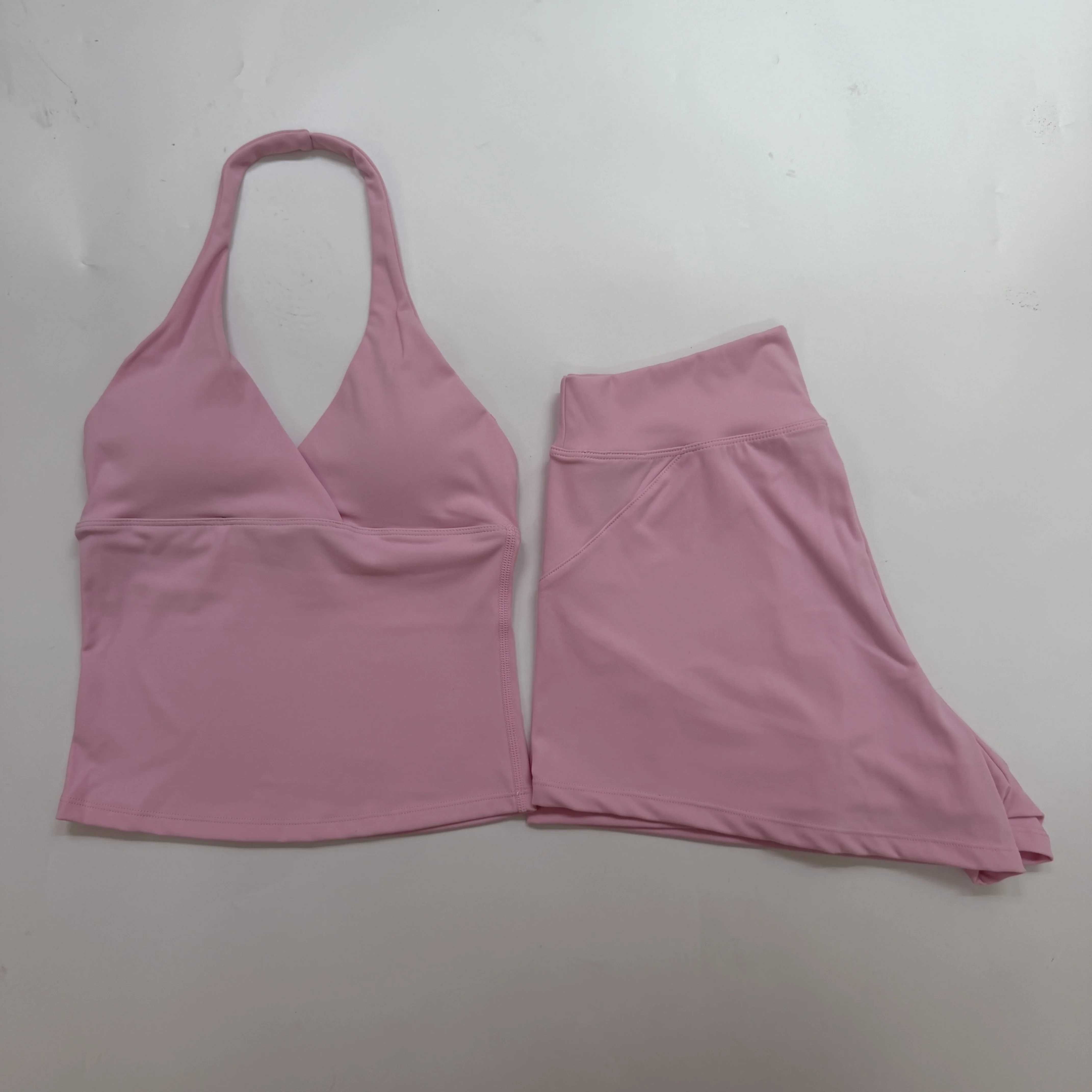 2 Pieces Women Gym Set Halter V‑Neck Backless Crop Top High Waist Sports Shorts Solid Soft Breathable Yoga Training Workout Suit