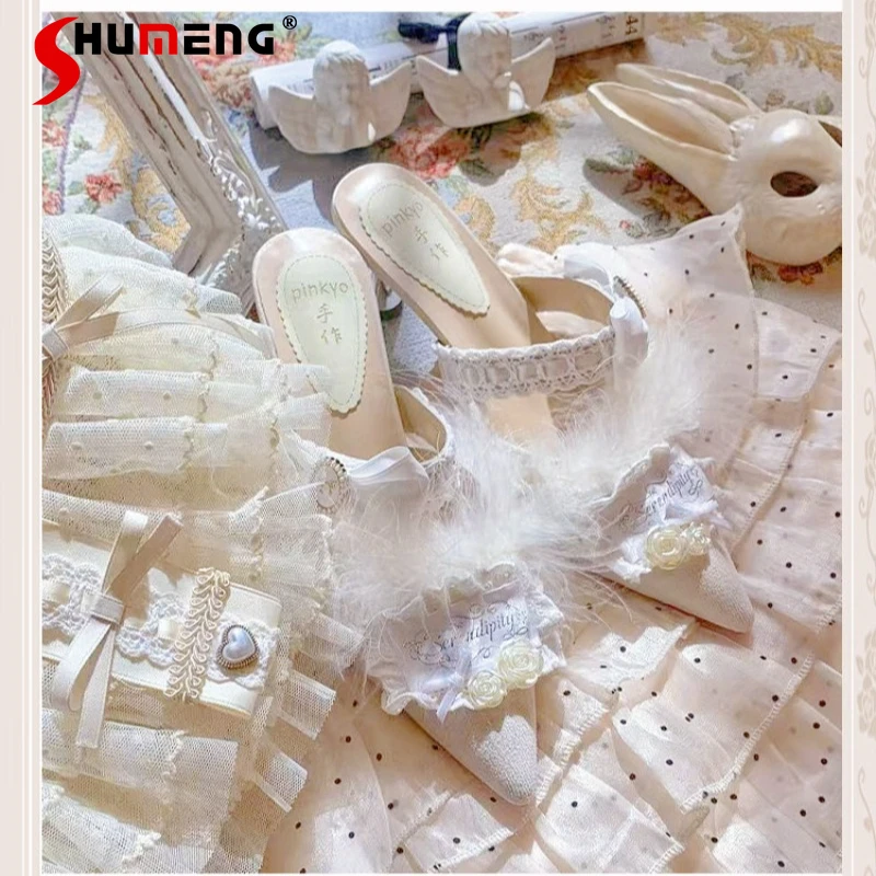 

Japanese Original Pointed Toe Lace Bow Feather Sandals Summer French Style High Heels Thin Heel Ladies Lolita Y2k Kawaii Shoes