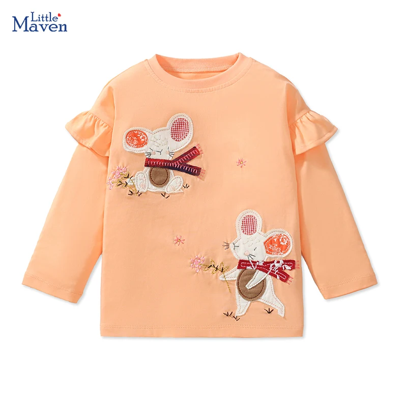 Little Maven Tops Kids Clothes 2024 Autumn Spring Baby Girls Children\'s Clothing Embroidery Cartoon Mouse T-shirts Cotton