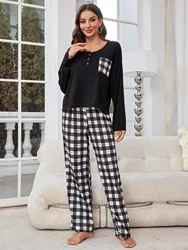 Plaid Women Pajama Set Long Sleeves Front Button Top & Heart Print Pants Fall Winter Female Sleepwear 2 Piece Nightwear Homewear