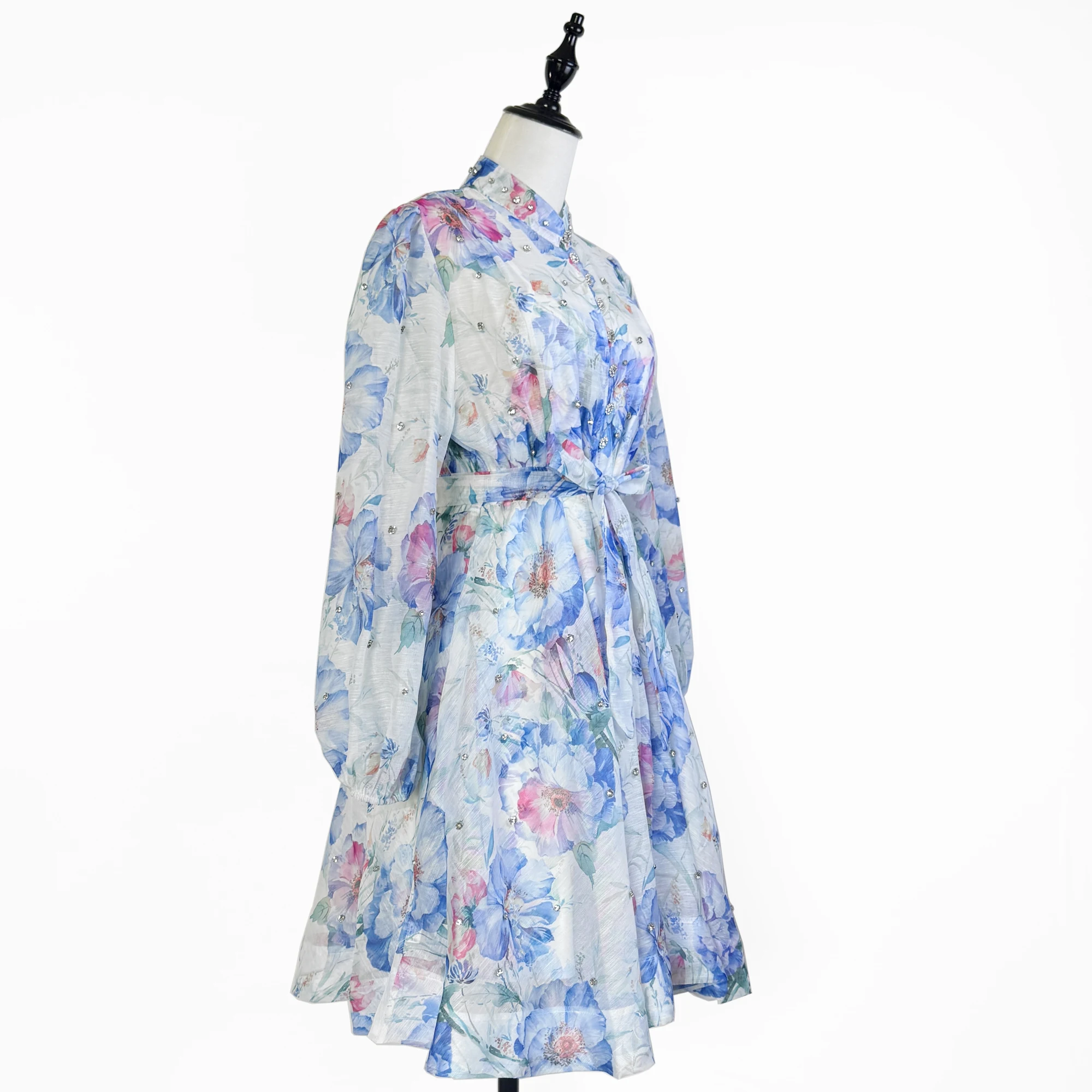 Ele ort Dr with Belt Slimming Print Strap Stand Collar Single Button Design Polyester Fiber Summer Women's Dr