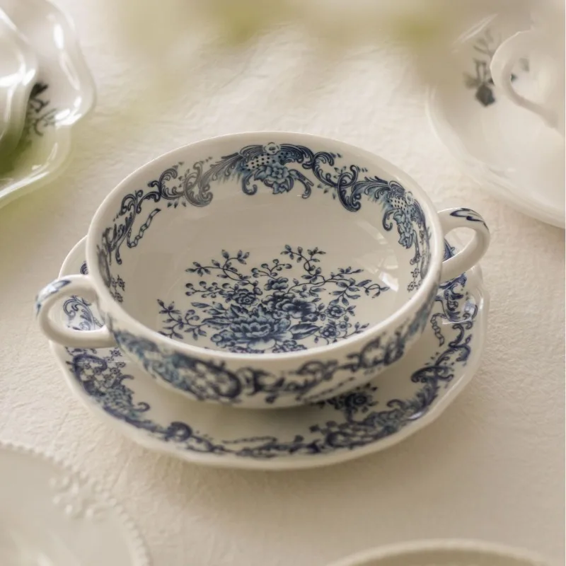 Nordic Blue and White Porcelain Binaural Bowl Ornaments Kitchen Dining Table Tableware Rice Bowl Noodle Plate Dish Dessert Bowl