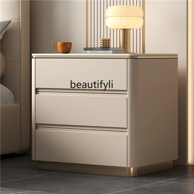 

Bedside Table Modern Simple and Light Luxury Stone Plate Table Top Three-Bucket Cabinet Bedroom Solid Wood Pine Frame
