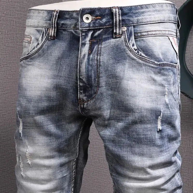 Fashion Designer Men Jeans High Quality Retro Washed Blue Stretch Slim Fit Ripped Jeans Men Trousers Vintage Denim Pants Hombre