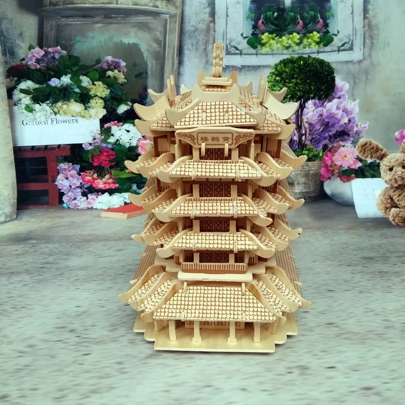 Famous Yellow Crane Tower YueYang PengLai Pavilion 3D Wooden Puzzle Building Model Toy Woodcraft Construction Kit Boy Girl Gift