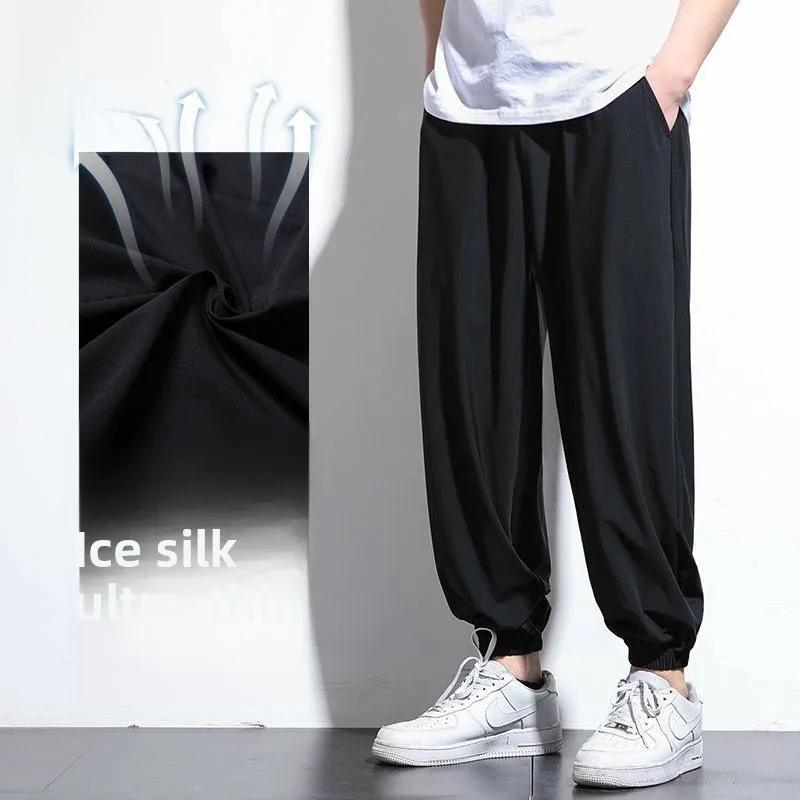 

Summer Ice Silk Loose Fit Casual Pants Men's Lightweight Elastic Cuffed Sports Trousers Breathable Comfortable Polyester